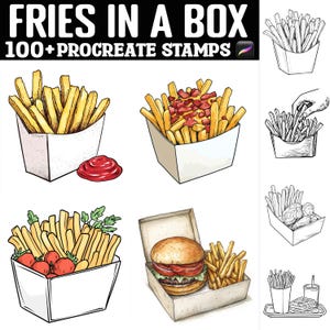 May include: A set of 100+ Procreate stamps featuring various illustrations of fries in boxes. The stamps include different styles of fries, including classic, loaded, and with toppings. The stamps are perfect for creating digital art and designs.