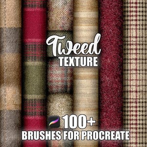 Pode incluir: Uma coleção de várias texturas de tweed em tons de castanho, vermelho e verde. A imagem inclui o texto "Tweed Texture" e "100+ Brushes for Procreate", sugerindo recursos de arte digital.