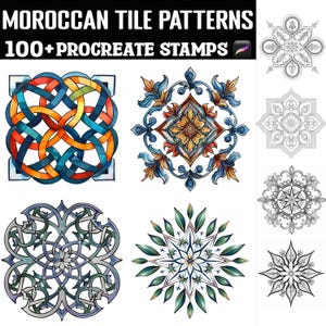 Könnte beinhalten: Eine Sammlung marokkanischer Fliesenmuster und Procreate-Stempel. Das Bild zeigt verschiedene farbenfrohe und aufwendige Fliesendesigns, darunter geometrische und florale Motive. Der Text "MOROCCAN TILE PATTERNS" und "100+ PROCREATE STAMPS" ist oben zu sehen.
