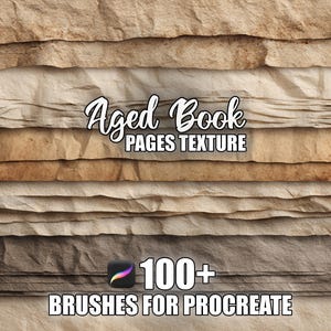 Può includere: Texture di pagine di libri antichi con tonalità marroni e beige. L'immagine include il testo "Aged Book Pages Texture" e "100+ Brushes for Procreate".