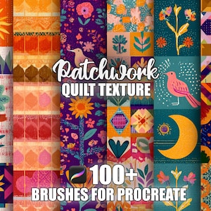 May include: A collection of colorful digital quilt textures with floral, geometric, and nature-inspired patterns. The image includes the text "Patchwork Quilt Texture" and "100+ Brushes for Procreate."