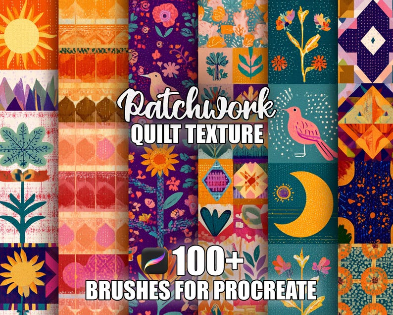 May include: A collection of colorful digital quilt textures with floral, geometric, and nature-inspired patterns. The image includes the text "Patchwork Quilt Texture" and "100+ Brushes for Procreate."