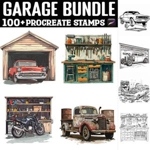May include: A digital illustration set of 100+ Procreate stamps featuring a garage theme. The set includes images of a vintage red car, a rusty truck, a workbench with tools, and a garage with a car inside. The stamps are perfect for creating digital art and illustrations.