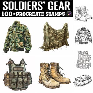 100+ Soldiers&#39; Gear Procreate Stamps | Procreate Brushes | Instant Digital Download