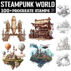 Puede incluir: Un conjunto de más de 100 sellos digitales para Procreate con ilustraciones de temática steampunk. Los sellos incluyen dirigibles, edificios y otros elementos en color y blanco y negro.