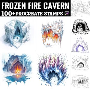 May include: Digital art featuring illustrations of frozen and fiery caverns. The text "FROZEN FIRE CAVERN" and "100+ PROCREATE STAMPS" is displayed at the top. The images showcase various cave designs with ice, fire, and water elements.