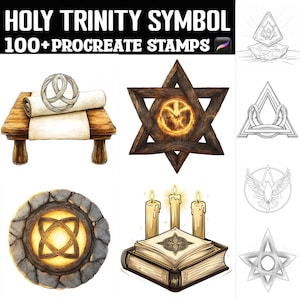 May include: A set of 100+ digital stamps featuring various illustrations of the Holy Trinity symbol. The stamps are designed in a hand-drawn style with a variety of colors and textures, including wood, stone, and parchment. The symbols include a circle with a knot, a star with a circle inside, a triangle with a circle inside, a dove with a circle inside, and a book with a circle inside.