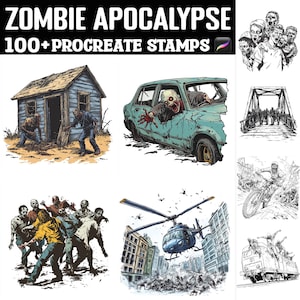 以下が含まれることがあります： Procreateアプリ用の100種類以上のデジタルスタンプセット。ゾンビ、ヘリコプター、車、電車、橋、家のイラストが描かれています。スタンプは白黒で、手描き風です。