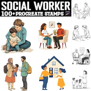 Könnte beinhalten: Ein Set mit über 100 digitalen Stempeln für Procreate mit Illustrationen von Sozialarbeitern und Klienten in verschiedenen Szenarien. Die Illustrationen sind im Cartoon-Stil gehalten und zeigen Menschen unterschiedlichen Alters, verschiedener Rassen und Geschlechter.