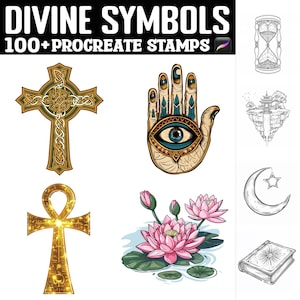 Könnte beinhalten: Ein Set mit über 100 digitalen Stempeln mit göttlichen Symbolen. Die Symbole umfassen ein Kreuz, ein Ankh, eine Hamsa-Hand, einen Halbmond, eine Lotusblume und eine Sanduhr. Die Stempel sind für die Verwendung in Procreate konzipiert.