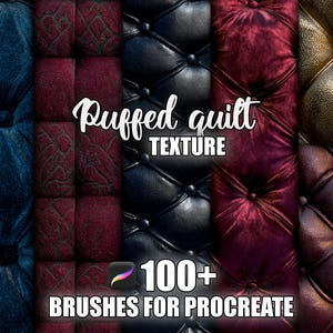 Puede incluir: Gráfico de arte digital con varias texturas acolchadas en tonos de azul, burdeos, negro, dorado y marrón. El texto "Puffed quilt TEXTURE" y "100+ BRUSHES FOR PROCREATE" se muestra en la imagen.