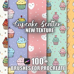 Op de afbeelding: Digitale kunstafbeelding met patronen van cupcakes, harten en sprinkles. De tekst luidt "Cupcake Scatter NEW TEXTURE" en "100+ BRUSHES FOR PROCREATE".
