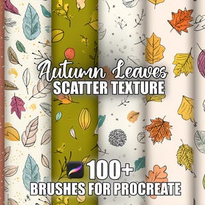 May include: Digital brushes for Procreate featuring autumn leaf designs. The image showcases a variety of leaf patterns in orange, green, pink, and beige. Text includes "Autumn Leaves Scatter Texture" and "100+ Brushes for Procreate".