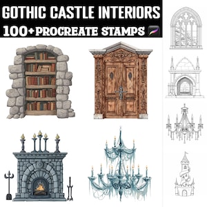 May include: A set of 100+ digital stamps featuring gothic castle interior elements. The stamps include a stone fireplace with a fire, a bookshelf, a wooden door, a chandelier, and a tower.