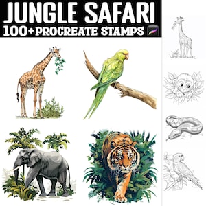 Puede incluir: Un conjunto de más de 100 sellos de Procreate con animales de safari de la jungla, incluyendo una jirafa, un loro, un tigre, un elefante, un mono, una serpiente y un pájaro. Los sellos son en blanco y negro y en color.