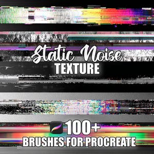 Può includere: Grafica di arte digitale con un effetto di texture a rumore statico. L'immagine presenta bande orizzontali di colore e distorsione, con il testo "Static Noise Texture" e "100+ Brushes for Procreate". È presente anche un'icona dell'app Procreate.