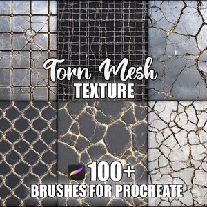 Puede incluir: Gráfico de arte digital con seis cuadrados texturizados con varios patrones desgastados. El texto "Torn Mesh TEXTURE" se muestra en cursiva, con "100+ BRUSHES FOR PROCREATE" debajo.