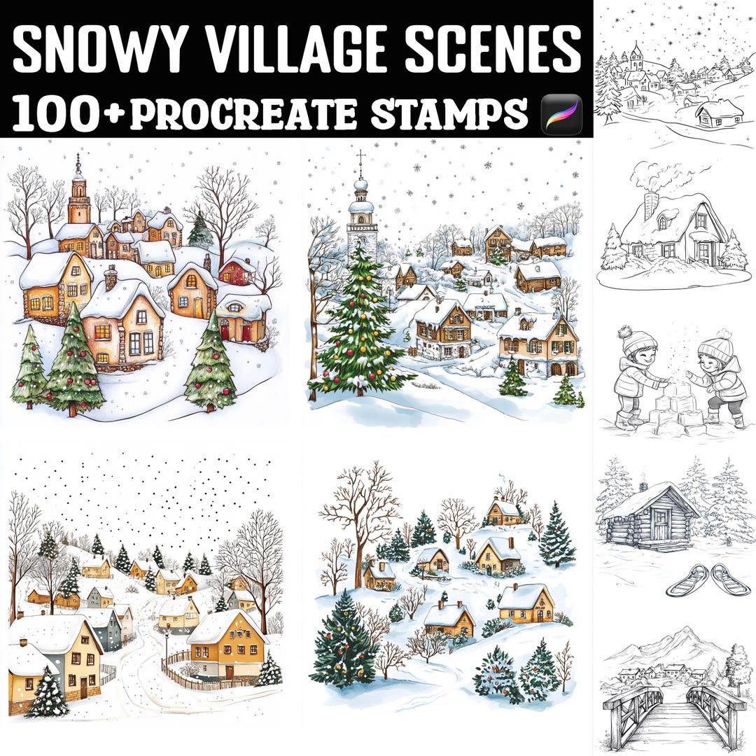 100+ Snowy Village Scene Procreate Stamps | Procreate Brushes | Instant ...