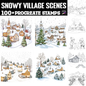 May include: Digital art set featuring snowy village scenes. The image includes illustrations of houses, churches, and trees covered in snow. The text at the top reads "SNOWY VILLAGE SCENES" and "100+ PROCREATE STAMPS". The style is reminiscent of a winter wonderland.