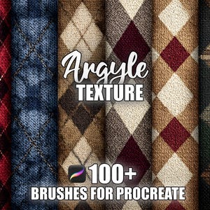 Può includere: Una collezione di texture argyle in vari colori, tra cui rosso, blu, marrone e verde. L'immagine presenta il testo "Argyle Texture" e "100+ Brushes for Procreate."