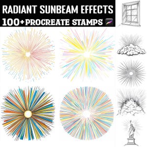 以下が含まれることがあります： 輝く太陽光線効果を備えた100種類以上のProcreateスタンプのセット。スタンプには、カラフルな太陽の光、太陽光線が差し込む窓、太陽光線が差し込む雲、太陽光線が差し込む自由の女神像が含まれています。
