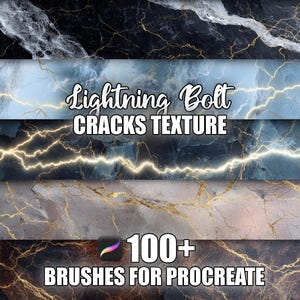 Op de afbeelding: Een digitale kunstafbeelding met bliksem- en barsttexturen in zwart, blauw en goud. De tekst "Lightning Bolt Cracks Texture" en "100+ Brushes for Procreate" is zichtbaar, ideaal voor digitale kunstenaars.
