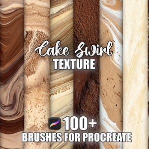 Könnte beinhalten: Digitale Texturen mit einem Kuchenwirbel-Design in Braun-, Beige- und Weißtönen mit Marmoreffekt. Der Text enthält "Cake Swirl Texture" und "100+ Brushes for Procreate".