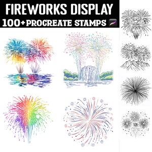 May include: A set of 100+ Procreate stamps featuring various firework designs. The stamps include colorful fireworks, black and white fireworks, and fireworks with reflections in water. The stamps are perfect for adding a festive touch to your digital art.
