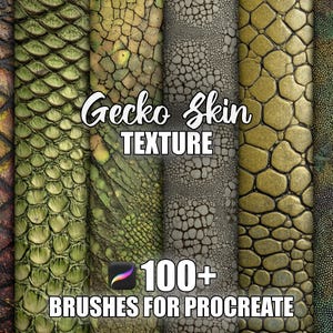 Può includere: Immagine che mostra una varietà di texture di pelle di geco in tonalità marroni, verdi e grigie. Il testo "Gecko Skin TEXTURE" è visualizzato in un carattere corsivo. È visibile anche il testo "100+ BRUSHES FOR PROCREATE", insieme al logo dell'app Procreate.