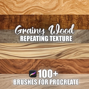 Può includere: Un'immagine che mostra varie texture di venature del legno in tonalità marrone, beige e grigio. Il testo "Grainy Wood Repeating Texture" è visualizzato in modo prominente. L'immagine include anche il testo "100+ Brushes for Procreate" e un'icona dell'app Procreate.
