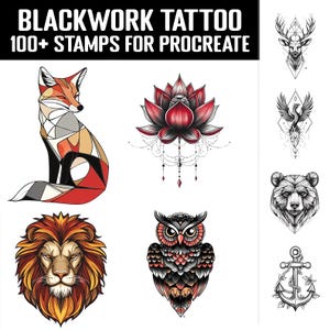 May include: A set of 100+ blackwork tattoo stamps for Procreate. The stamps feature a variety of designs, including a fox, a lotus flower, an owl, a bear, and an anchor. The stamps are perfect for creating unique and stylish tattoos.