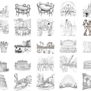 Puede incluir: Una ilustraci&oacute;n en blanco y negro de diferentes escenas, incluyendo una ceremonia de boda, un casino, un restaurante, una fuente, un horizonte de la ciudad y un grupo de personas.