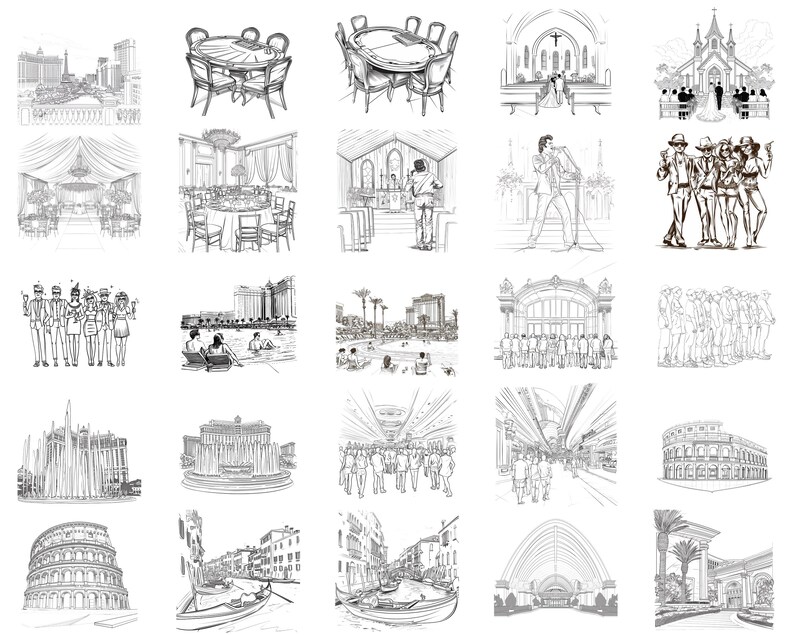 Puede incluir: Una ilustraci&oacute;n en blanco y negro de diferentes escenas, incluyendo una ceremonia de boda, un casino, un restaurante, una fuente, un horizonte de la ciudad y un grupo de personas.