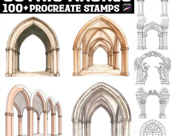 Más de 100 sellos y pinceles de arcos góticos para Procreate. Descarga digital instantánea.
