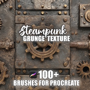 May include: A detailed image of a steampunk design with metallic gears, rivets, and textured panels. The image includes the text "Steampunk Grunge Texture" and "100+ Brushes for Procreate". The color scheme features brown, bronze, and grey tones.