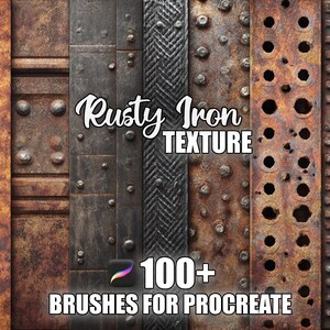 Peut inclure: Graphique d'art numérique présentant diverses textures de fer rouillé. L'image comprend des panneaux avec des rivets, des trous et un motif tissé. Le texte indique "Rusty Iron Texture" et "100+ Brushes for Procreate."