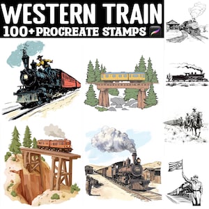 May include: A set of 100+ Western Train Procreate stamps featuring illustrations of trains, bridges, cowboys, and other Western-themed elements. The stamps are in black and white and are perfect for creating digital art.