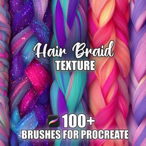 Pode incluir: Uma imagem de arte digital mostrando texturas de tranças de cabelo coloridas. A imagem apresenta várias tranças em tons vibrantes de rosa, roxo, azul e verde. A sobreposição de texto diz "Hair Braid Texture" e "100+ Brushes for Procreate."
