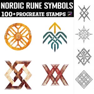 May include: A set of 100+ Procreate stamps featuring Nordic rune symbols. The stamps are in various styles, including black and white line drawings, and colourful watercolour designs. The symbols are geometric and abstract, with a variety of shapes and patterns.
