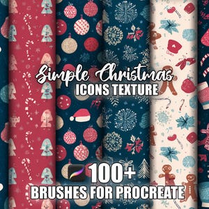 May include: A collection of Christmas-themed digital patterns. The patterns feature festive icons like ornaments, mittens, candy canes, and gingerbread men in red, white, and blue hues. Text reads "Simple Christmas Icons Texture" and "100+ Brushes for Procreate."