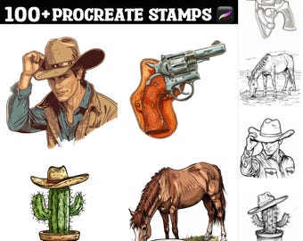Ponad 100 klasycznych znaczków Procreate Cowboy | Pędzle Procreate | Natychmiastowe pobieranie cyfrowe