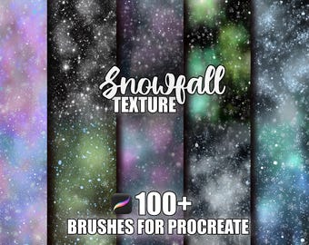 May include: A digital art product featuring a variety of colorful, textured backgrounds with a snowfall effect. The image includes the text "Snowfall Texture" and "100+ Brushes for Procreate". The backgrounds are in shades of purple, black, green, and blue.
