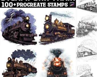 100+ Steampunk Train Procreate Stamps | Procreate Brushes | Instant Digital Download