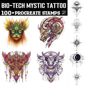 Puede incluir: Diseños de tatuajes digitales con ilustraciones detalladas. La imagen muestra una colección de ilustraciones coloridas y detalladas, incluyendo una cara con corona, una cabeza de carnero y un toro. El texto "BIO-TECH MYSTIC TATTOO" y "100+ PROCREATE STAMPS" se muestra en la parte superior.