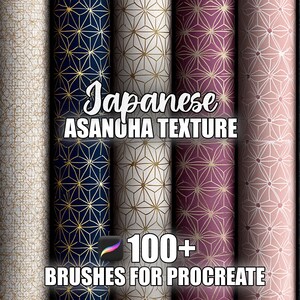 Peut inclure: Échantillons de tissus roulés avec des motifs japonais Asanoha dans diverses couleurs, dont le bleu marine, crème et rose. Le texte "Japanese Asanoha Texture" et "100+ Brushes for Procreate" est visible.