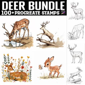 May include: A digital stamp bundle featuring over 100 illustrations of deer in various poses. The stamps are designed for use in the Procreate app. The image shows a variety of deer, including a deer drinking from a puddle, a deer standing in a field of flowers, and a deer with a butterfly.
