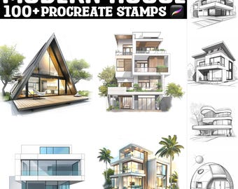 Könnte beinhalten: Ein Set mit über 100 Procreate-Stempeln mit modernen Hausdesigns. Die Stempel umfassen eine Vielzahl von Stilen, von schlank und minimalistisch bis hin zu traditioneller. Die Stempel sind perfekt für die Erstellung von Architekturzeichnungen, Konzeptkunst und mehr.