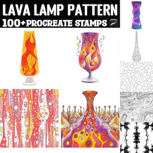 Può includere: Arte digitale con motivi e disegni di lampade a lava. L'immagine include illustrazioni di lampade a lava in vari stili, insieme a motivi astratti e il testo "LAVA LAMP PATTERN 100+ PROCREATE STAMPS".