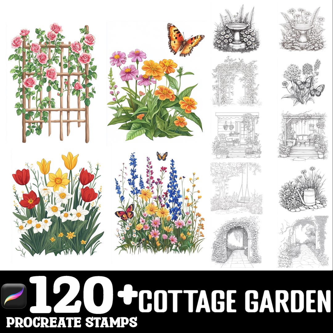 120+ Cottage Garden Procreate Stamps | Procreate Brushes | Instant ...