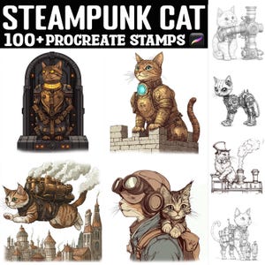 May include: A set of 100+ digital stamps featuring steampunk cats in various poses and settings. The stamps are designed for use in the Procreate app. The image shows a variety of cats, including a cat wearing a suit of armor, a cat flying with a steampunk contraption, and a cat wearing goggles.